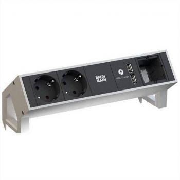 Bachmann DESK2: 2 CEE‑7/3, 1 USB‑Port – 200 mm – Edelstahl‑Grün