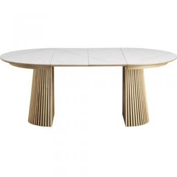 Table à manger ronde modulable en céramique marbrée et bois naturel – 120/200 cm