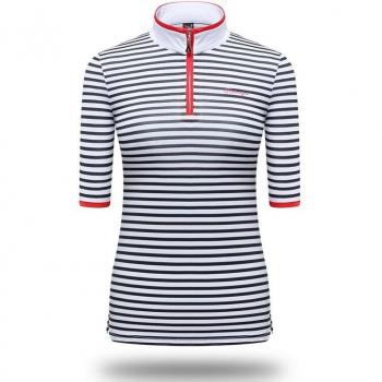 Camiseta de Golf a Rayas para Mujer, Verano, Manga Corta, Cuello con Cremallera, Slim, Tallas S-XL