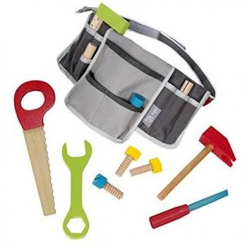 Cintura attrezzi per bambini, con borsa e set di 11 pezzi in legno, regolabile, grigio