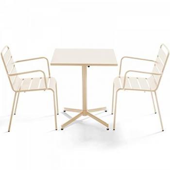 Palavas Oviala : Table Carrée + 2 Fauteuils Métal Ivoire