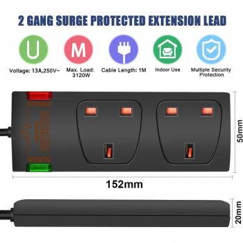 2 Gang Surge-Protected Extension Lead 1M Black 13A