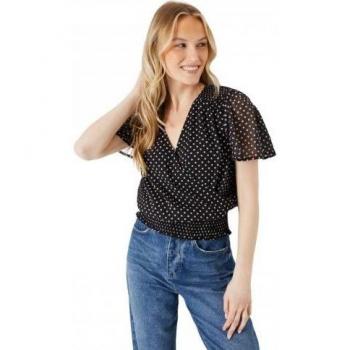 Ladies' Dorothy Perkins Polka‑Dot Shirred‑Hem Chiffon Blouse – Black/Multi, UK 14