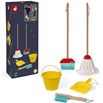 Janod – Set De Limpieza – 5 Accesorios De Madera Realistas – Escoba + Fregona + Cubo + Pala + Cepillo – Juguete De Imitación
