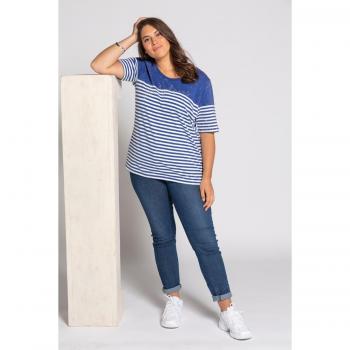 Plus Size Sequin Batik Stripe Round Neck Top, Women, Blue, Size 20/22, Cotton