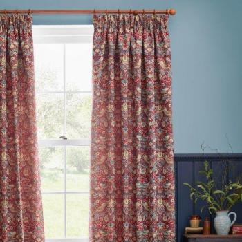 Morris & Co. Strawberry Thief Jacquard Floral Pencil Pleat Curtains – Berry