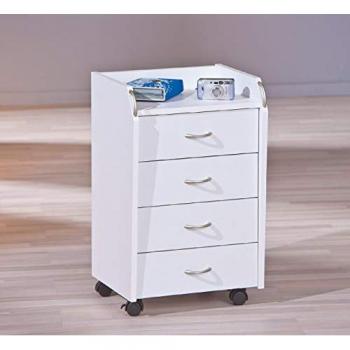 Mobilier de Bureau Dmora : Commode 4 Tiroirs sur Roulettes, Blanc
