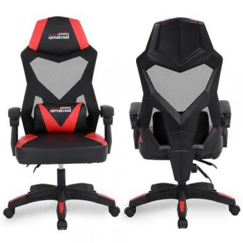 Fauteuil de jeu Amstrad AMS-309-BK Noir & Rouge Tissu en maille respirante avec coussin lombaire