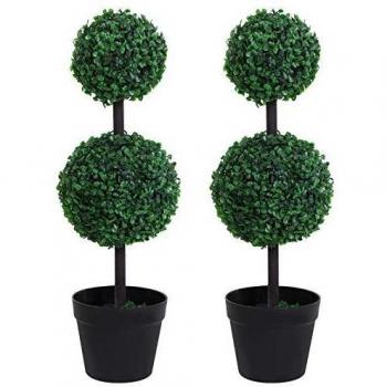 Outsunny Set of 2 Artificial Boxwood Ball Topiary Trees Potted Decorative Plant Outdoor and Indoor Décor