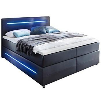 Sette notti Boxspringbett 180x200 cm in Schwarz mit LED-Beleuchtung und Topper