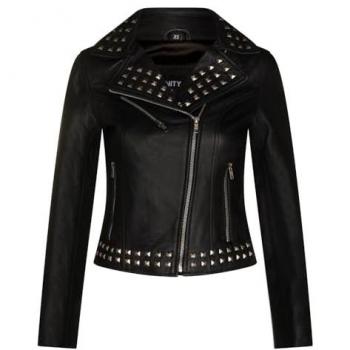 Black Infinity Leather Studded Biker Jacket for Women – Size 8