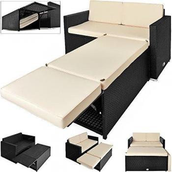 Polyrattan Gartenbank Schwarz/Creme mit Stauraum