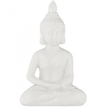 Relaxdays Buddhafigur, 18 cm, sitzend, weiße Dekoskulptur, frostsicher