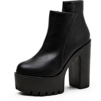 Gdgydh Black Leather Chunky Heel Boots