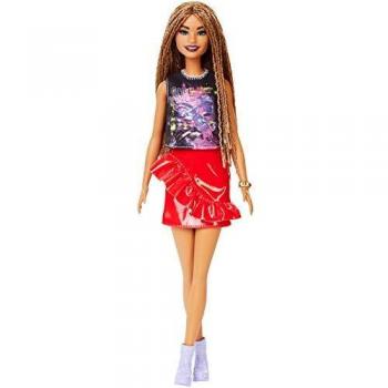 Poupée Barbie Fashionistas, série #123, avec tenue rock, cheveux longs tressés, jupe à volant et chaussures de sport