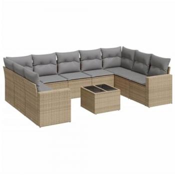 VidaXL Gartenmöbel-Set 10-tlg. mit Kissen Beige Poly Rattan