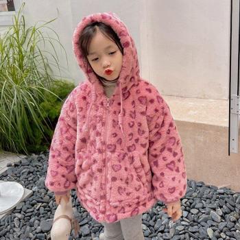 Girls Winter Fuzzy Hooded Coat in Pink Leopard Print 3-7 Years