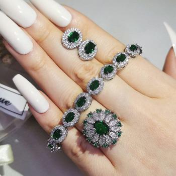 Set de bijoux de mariée vert, 3 pièces, bague de fiançailles Halo, boucles d'oreilles rondes J7249