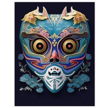 Colorful Noh Theatre Mask – Unframed Forest Deity Artwork
