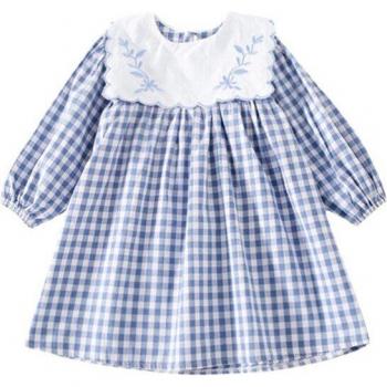 Spring Long Sleeve Cotton Plaid Dress for Toddler Girls