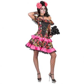 Halloween-Skelett-Kleid Muerto – Schwarz, Rüschen, Größe 40/42