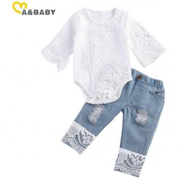Ma & Baby 0-24M Newborn Girls Lace Romper and Denim Pants Outfit