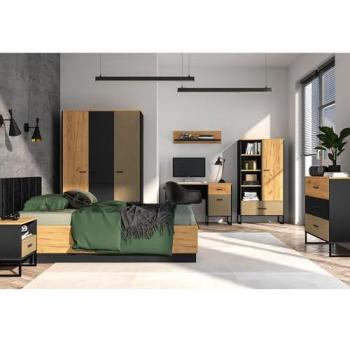 Jugendzimmer Set 7-teilig CASPER-131, Bett 120x200cm, aufklappbarer Lattenrost, schwarz und braun