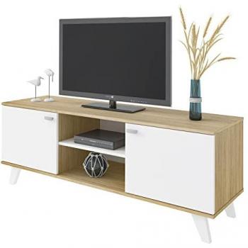 Mueble TV Raíz con 2 Puertas y Estantes, Roble y Blanco, 140x40x51 cm