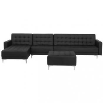 Divano letto angolare modulare in ecopelle nera con ottomana chaise longue a destra, 5 posti, modello Aberdeen