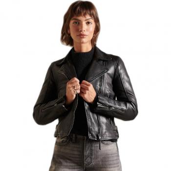 Chaqueta de Cuero Clásica Negra para Mujer Superdry