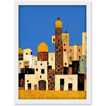 Klimt’s Urban Oasis: Moroccan Blue & Gold Print, Framed A4