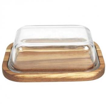 Beurrier en verre et acacia design élégant 19 x 14 cm