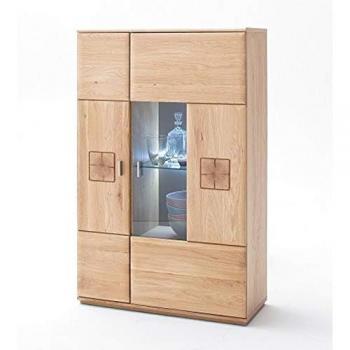 Buffet haut vaisselier droite chêne bianco massif LED – PEGANE