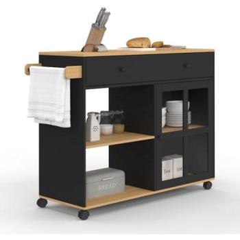 Desserte de cuisine en bois noir avec placard vitré