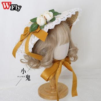 Chapeau soleil bohème en paille, design Lolita, dentelle raffinée, motif floral, nœud papillon, bord large – Fille & Femme