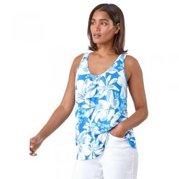 Sleeveless Blue Floral Print Vest – V‑Neck, UK 20