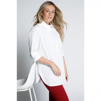 Blusa ecologica in cotone con maniche lunghe, colletto da camicia, Donna, Bianco, Taglia 48/50