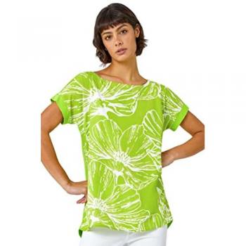 Lime Green Floral Print Stretch T-Shirt for Women