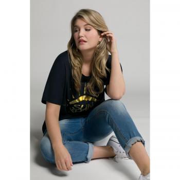 T-shirt donna oversize cotone blu con stampa sole, scollo a girocollo, mezze maniche, Taglia 48/50