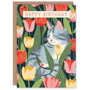 Grey Cat in Tulip Garden Card