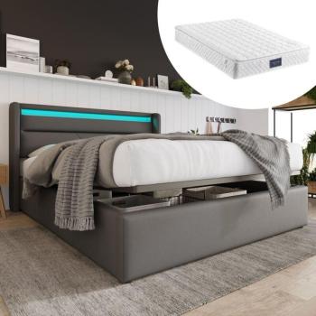 Letto Contenitore Idr. + Striscia Led + Giroletto Matrimoniale – 140x200 cm, Imbottito, Funzionale, Grigio (con materasso)
