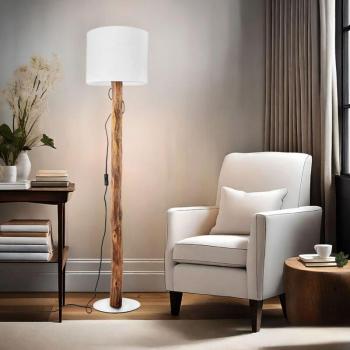 Nowa Lampadaire Campagnard Bois Eucalyptus, Abat-jour Textile Blanc