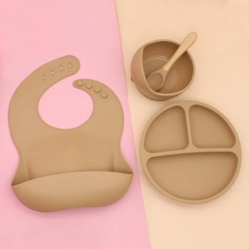 Ensemble de Vaisselle Réutilisable en Silicone pour Enfants, 4 Pièces (Bol, Assiette, Bavoirs et Cuillères), Sans BPA