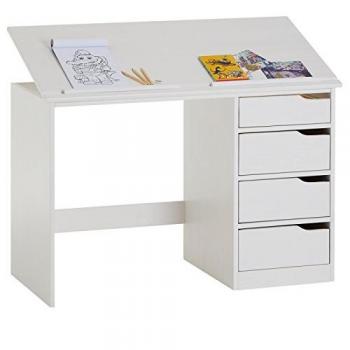 Pupitre Junior EMMA – bureau enfant avec 4 tiroirs, plateau inclinable, bois de pin lasuré blanc