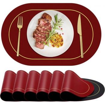 Red Washable Leather Heat-Resistant Table Mats – 6 Pack, Oval Design