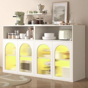 Multifunktionales Sideboard mit Glastür und LED-Licht, 140 x 35 x 90 cm