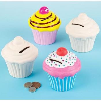 Cupcake Ceramic Coin Banks (Box of 2) DIY Decoration Kits with Removable Stopper