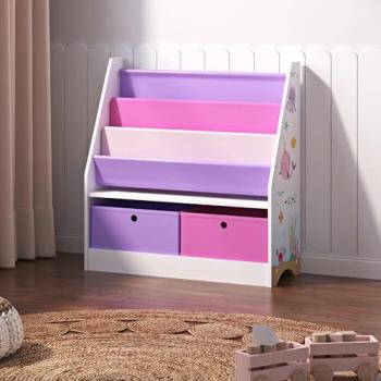 En.casa Kinderregal Neda mit Faltboxen Weiß/Rosa/Lila