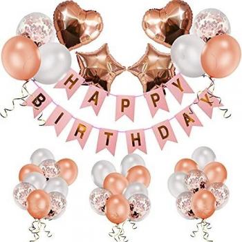 Happy Birthday Decorations, Rose Gold Confetti Balloons, Birthday Bunting with Ribbon for All Ages
