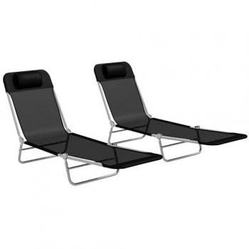 Outsunny 2 Pieces Sun Loungers Foldable Reclining Chair with Headrest Black, none